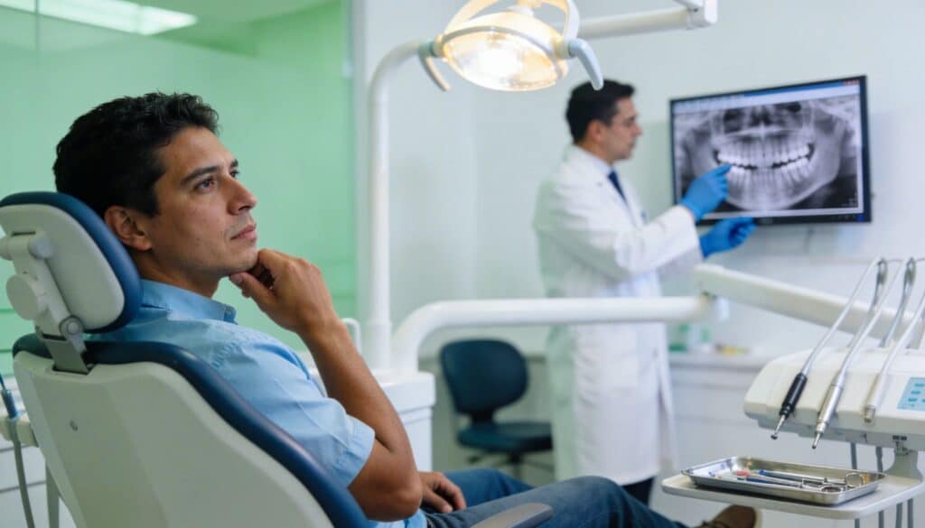 Negligencia odontológica en Colombia: paciente en clínica dental mientras odontólogo revisa radiografía