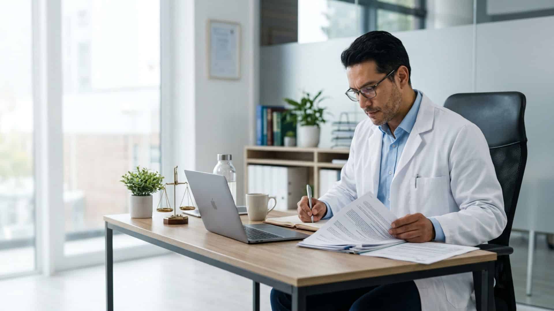 Profesional revisando documentación técnica en una oficina
