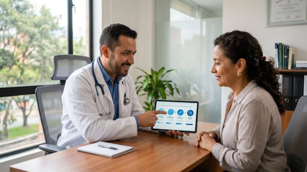 Negligencia médica: ¿retraso en su diagnóstico fue un error? Médico experto explicando la evolución de estadios en un caso de negligencia médica diagnóstico tardío de cáncer en Colombia, resaltando la importancia de la detección temprana.
