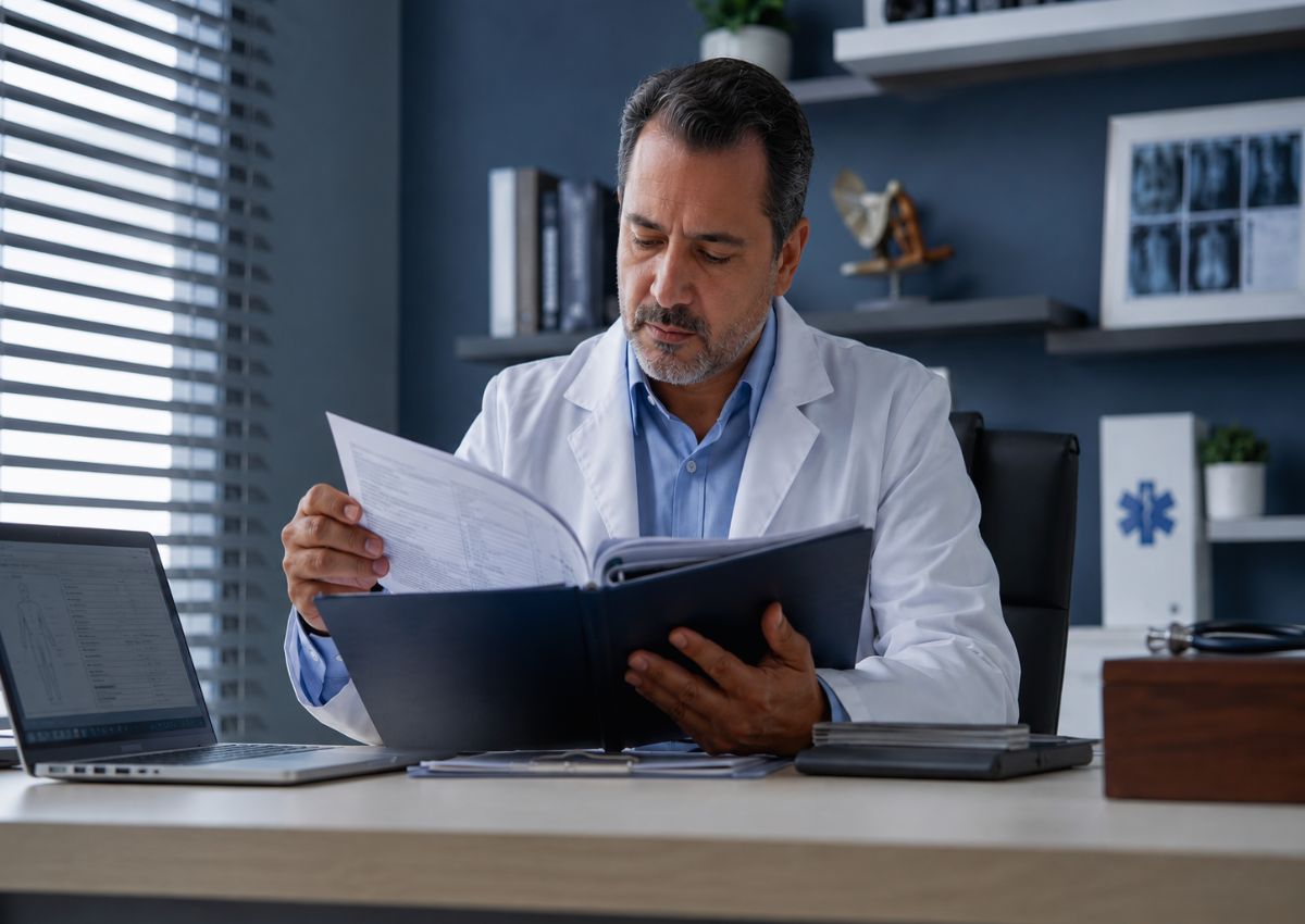 Médico perito revisando una historia clínica para valoración médico-legal en CIV Salud