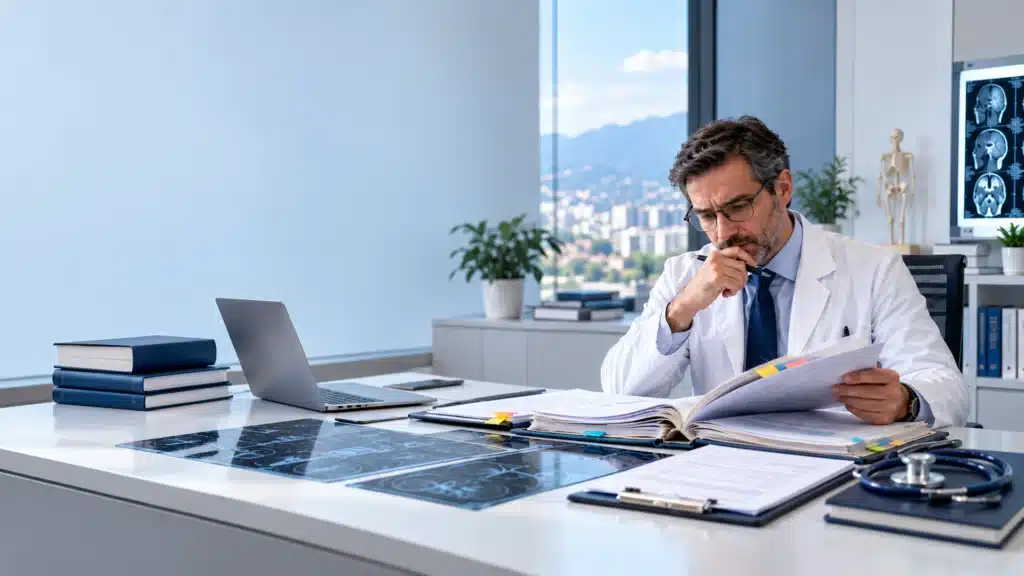 Historia clínica incompleta y negligencia médica: médico perito revisando expediente clínico en Colombia