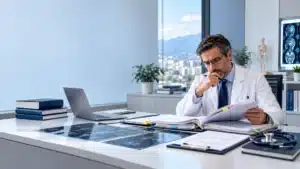 Historia clínica incompleta y negligencia médica: médico perito revisando expediente clínico en Colombia